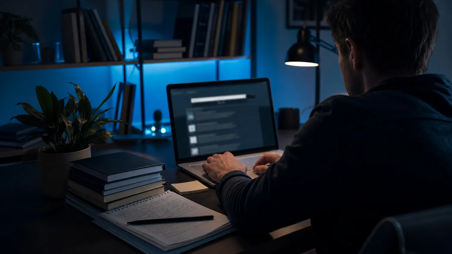 A researcher utilizes the Ahmia search engine in a modern home office setting.
