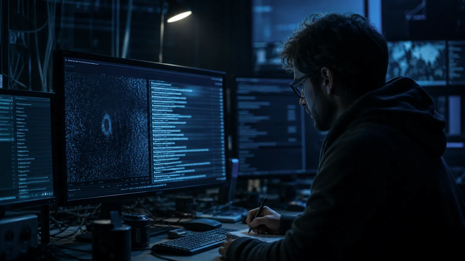 A researcher analyzing .onion search results in a dimly lit office.