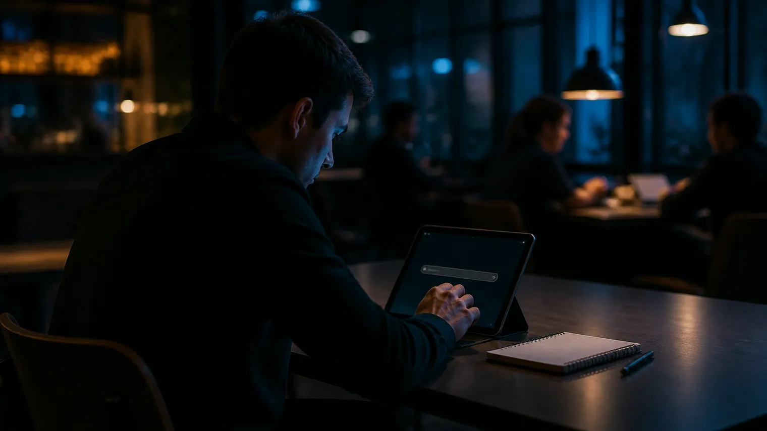 A user immersed in research on a dark web search engine using a tablet.