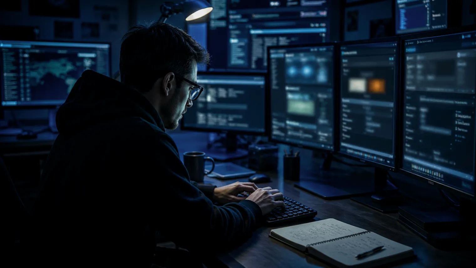 A researcher analyzing dark web search engines on multiple screens in a dimly lit room.