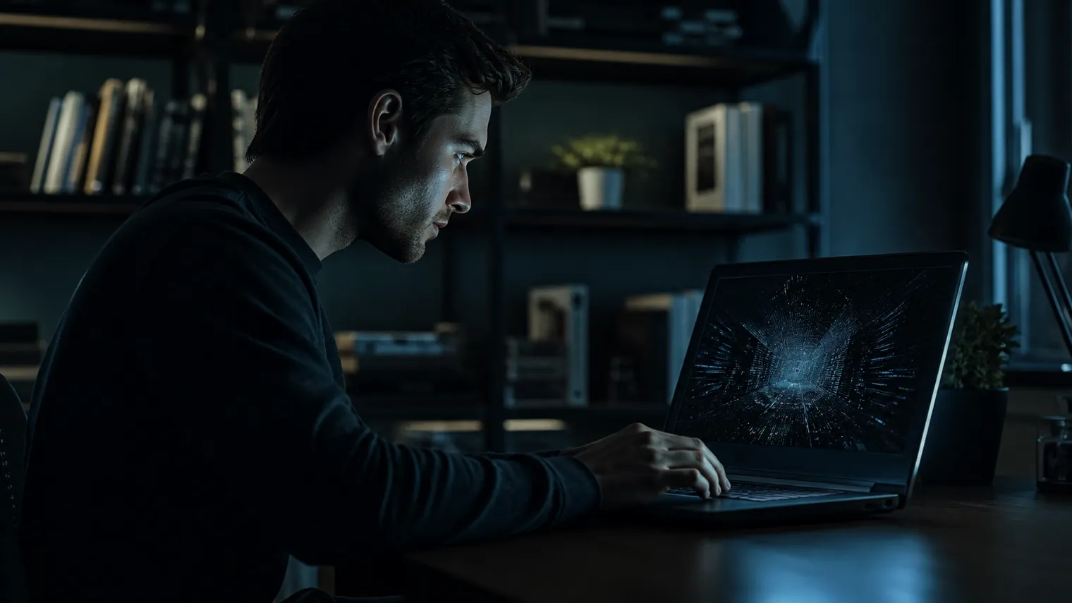 A researcher analyzes video content on a dark web platform in a dimly lit room.