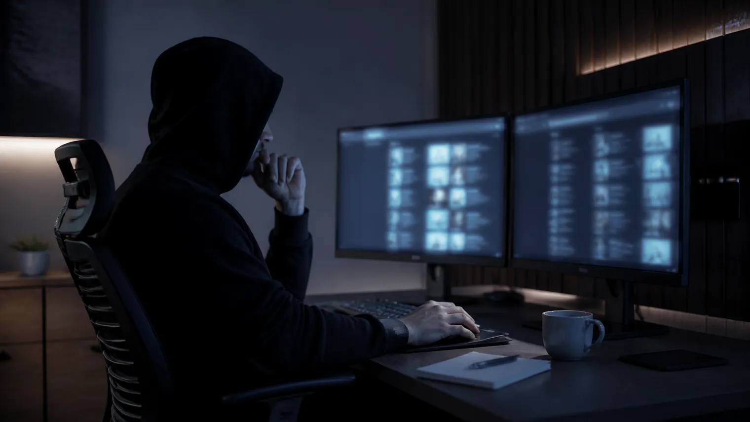 A researcher engaged in analyzing darknet search engine results at a workstation.