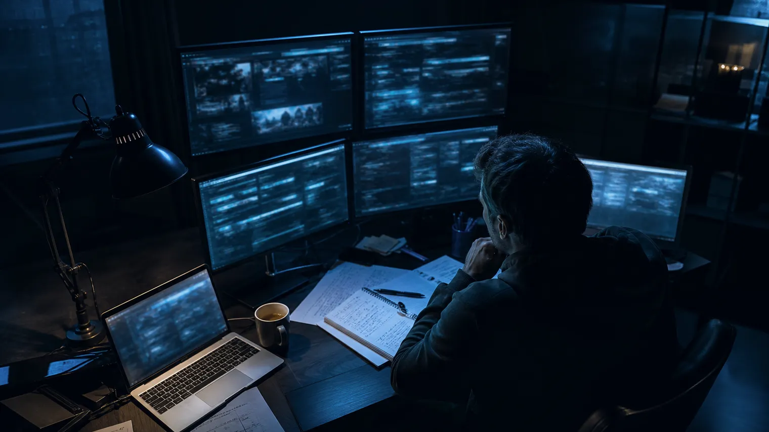 A researcher analyzes dark web search engines on multiple screens in a tech workspace.