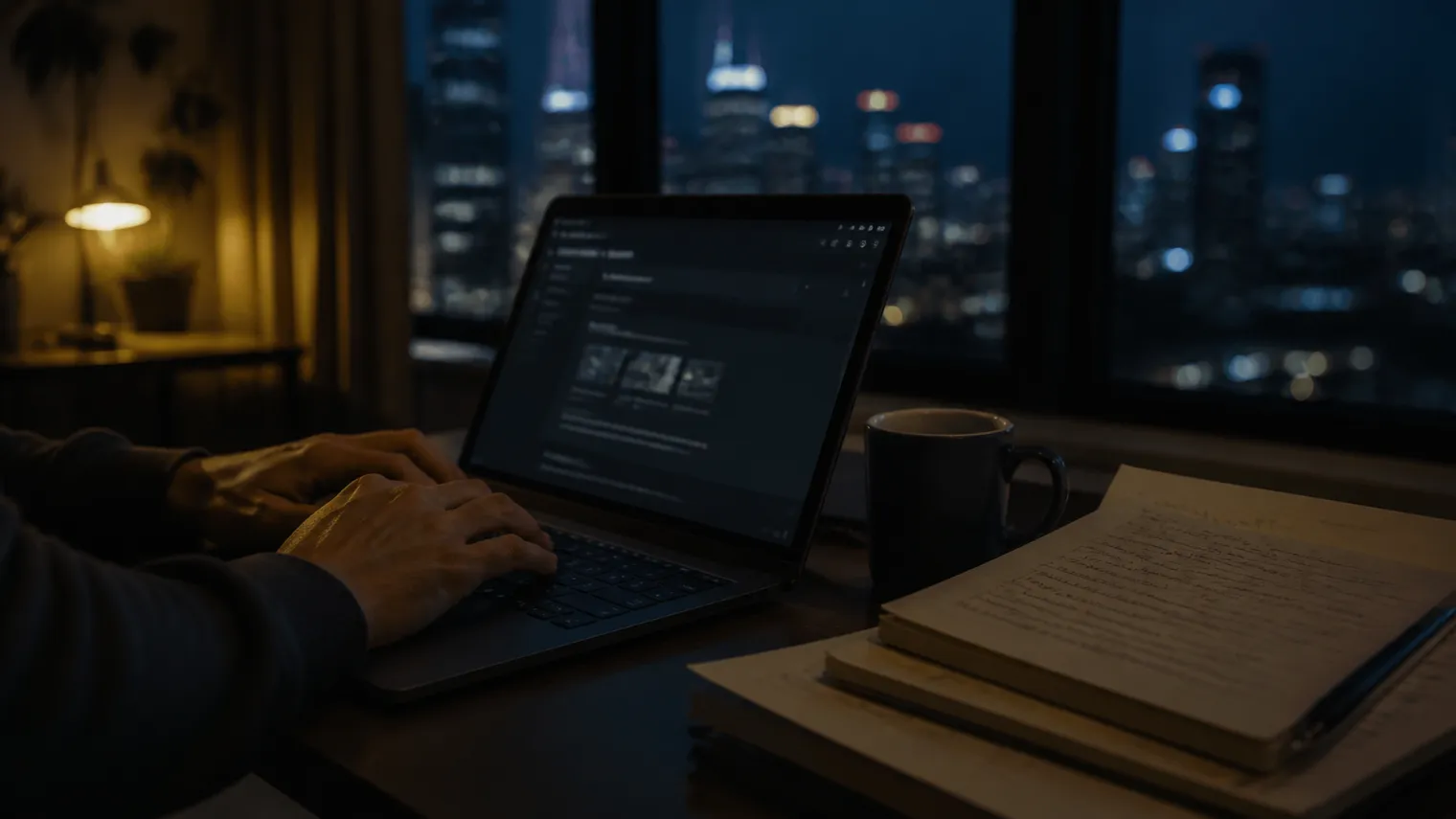 A user exploring dark web search techniques in a cozy urban apartment.