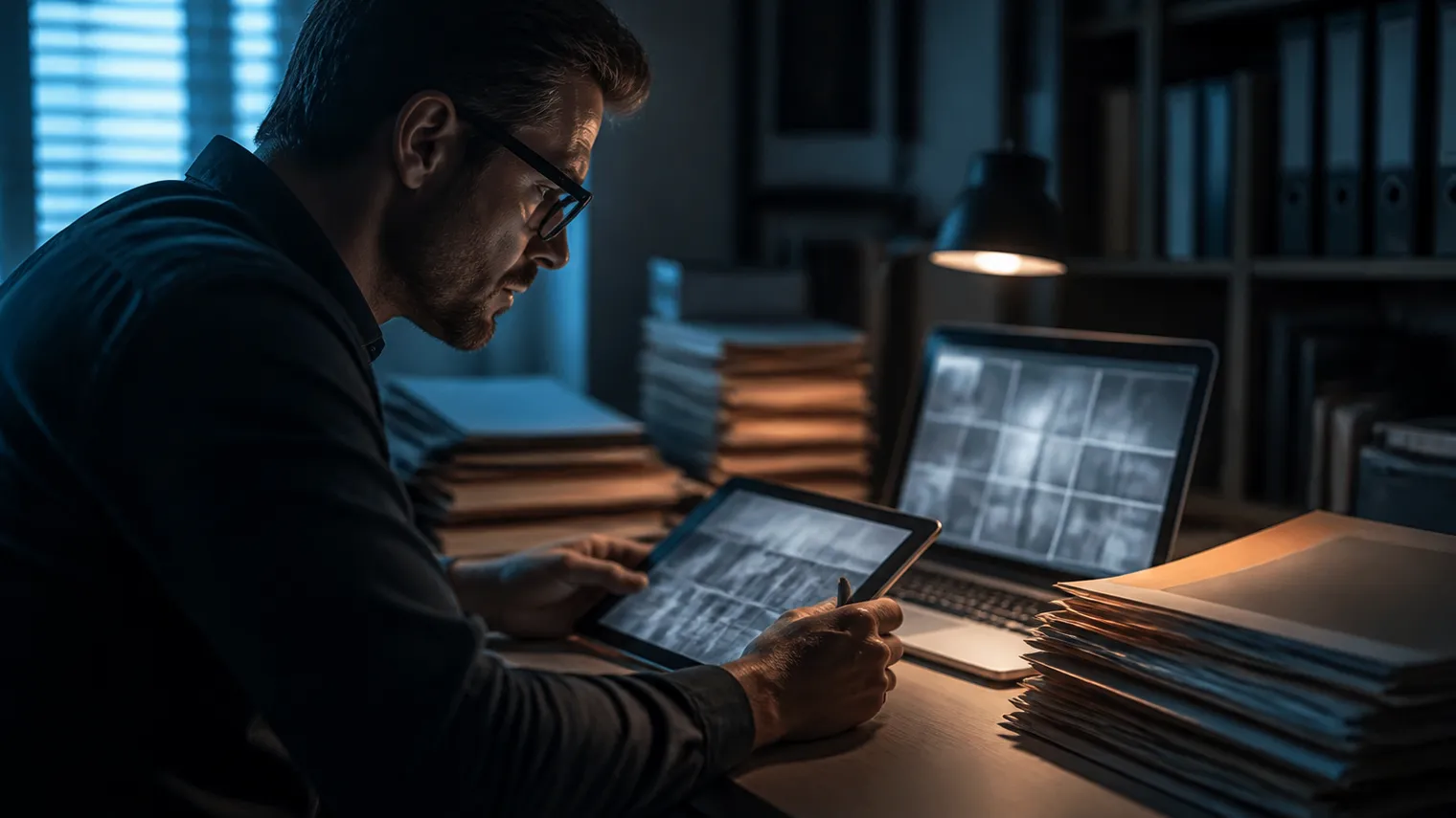 A researcher diligently examines public records on a tablet to find individuals.