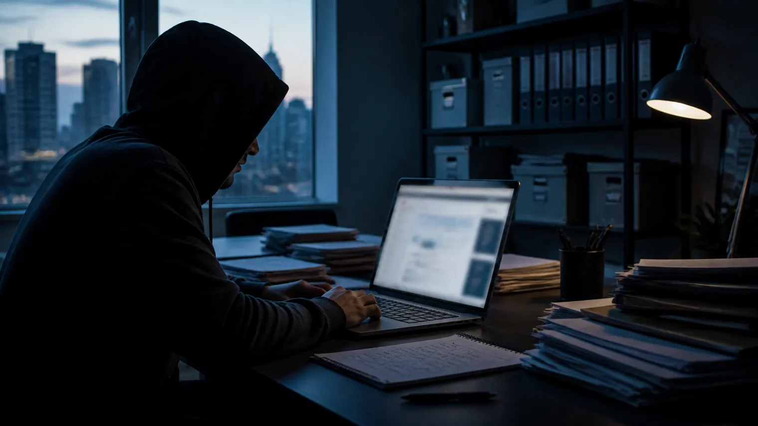 A researcher deeply engaged in analyzing deep web public records on their laptop.