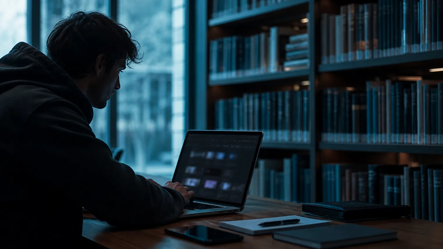 A researcher is focused on analyzing deep web search engines in a quiet library setting.