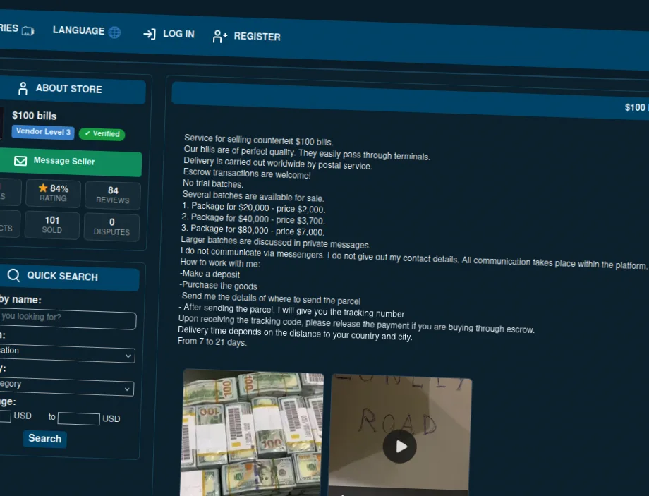 Web interface showing counterfeit cash offers and order details.