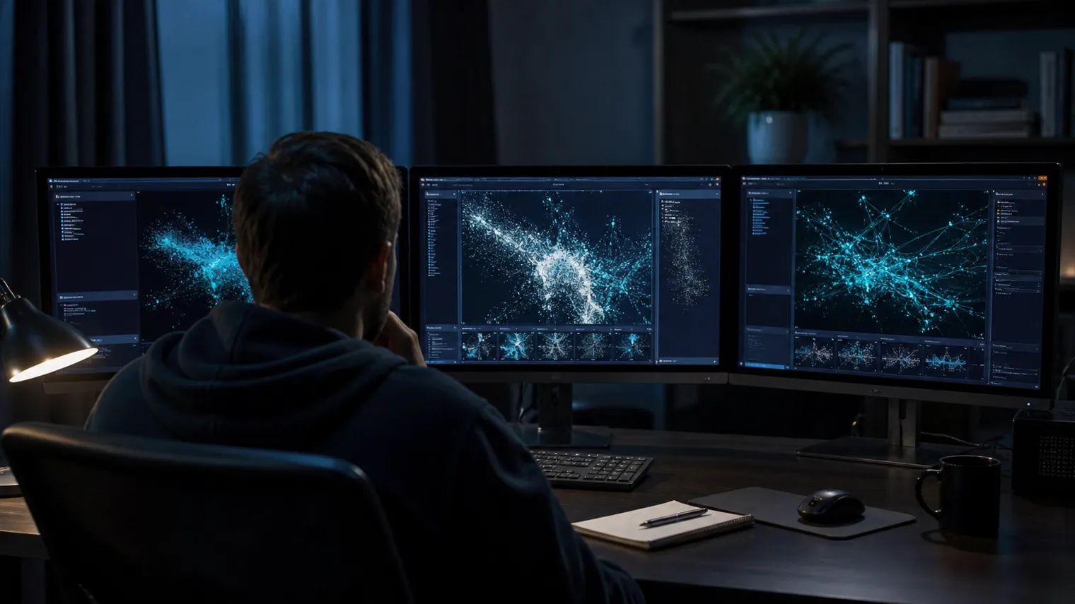 A researcher analyzes various Tor search engines on multiple monitors in a home office.