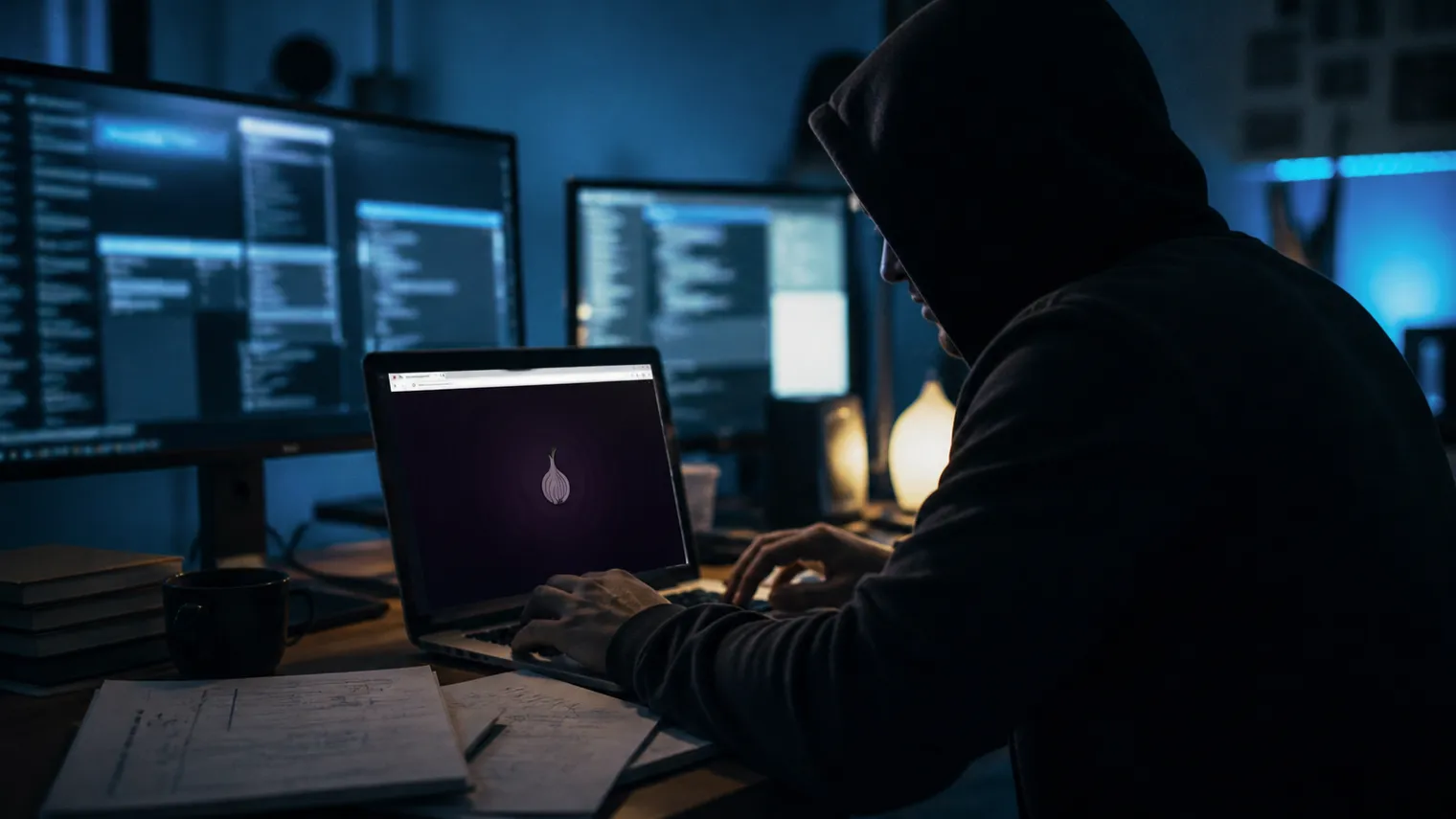 A person deeply engaged in researching deep web search engines at a desk.