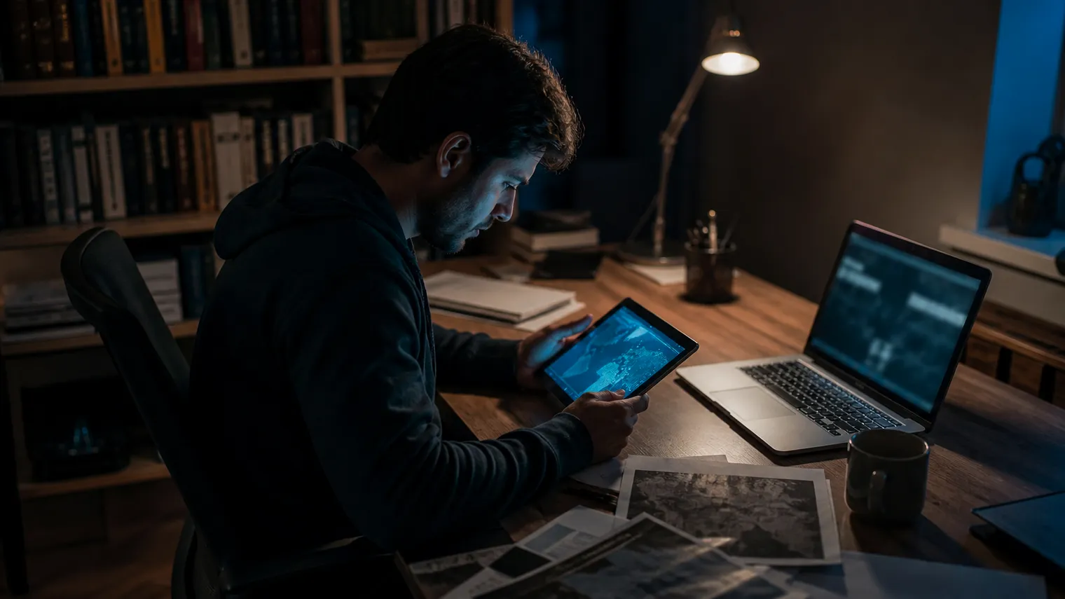 A person analyzing dark web reports on a tablet at a modern desk.