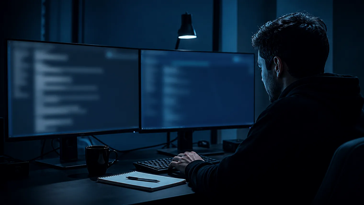 A researcher deeply engaged in analyzing dark web search results on dual monitors.