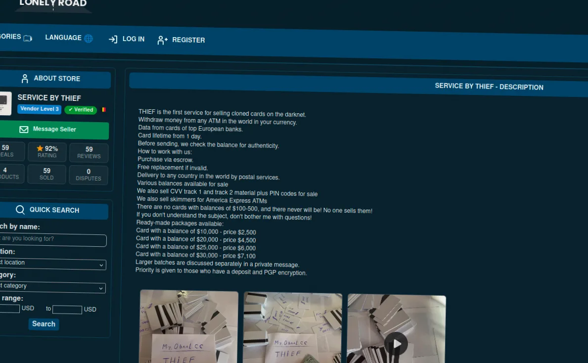 Darknet marketplace interface selling cloned cards.