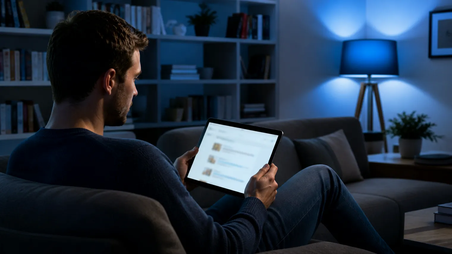 A user comfortably using a tablet to access the Not Evil search engine.