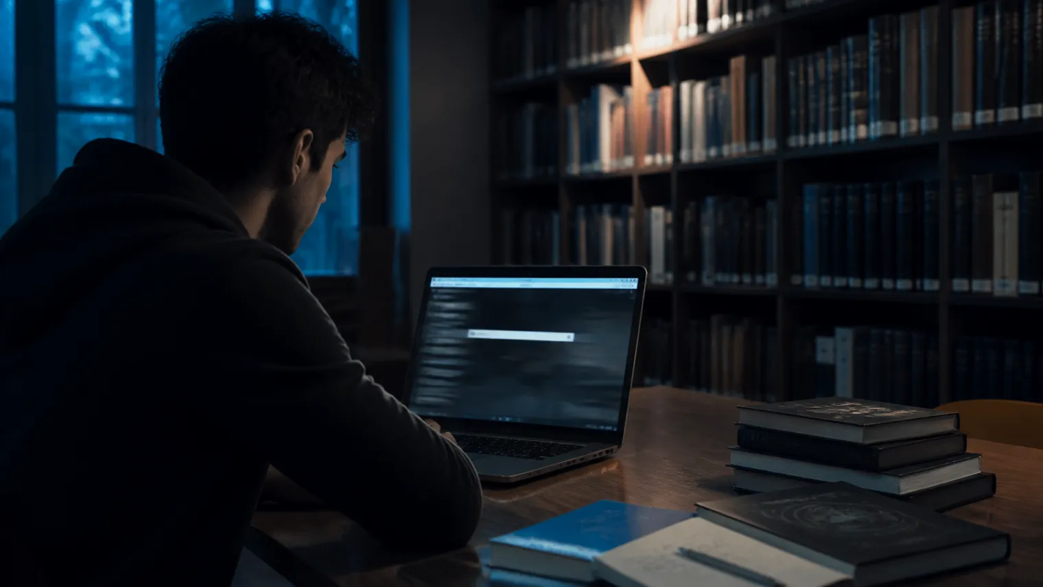 A researcher examines onion links on a laptop in a serene library setting.