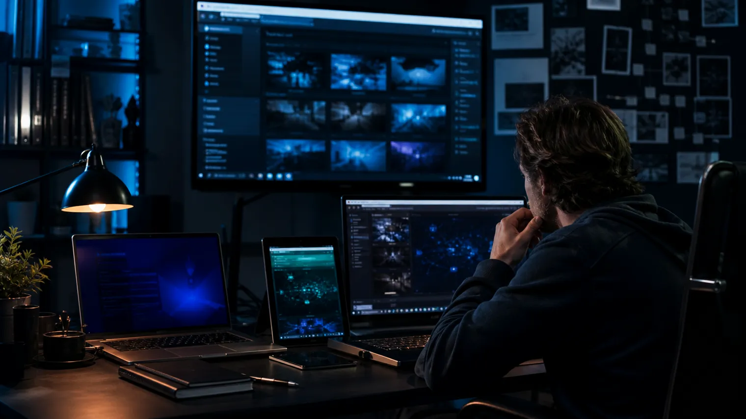 A researcher deeply engaged in analyzing dark web search engines in a modern workspace.