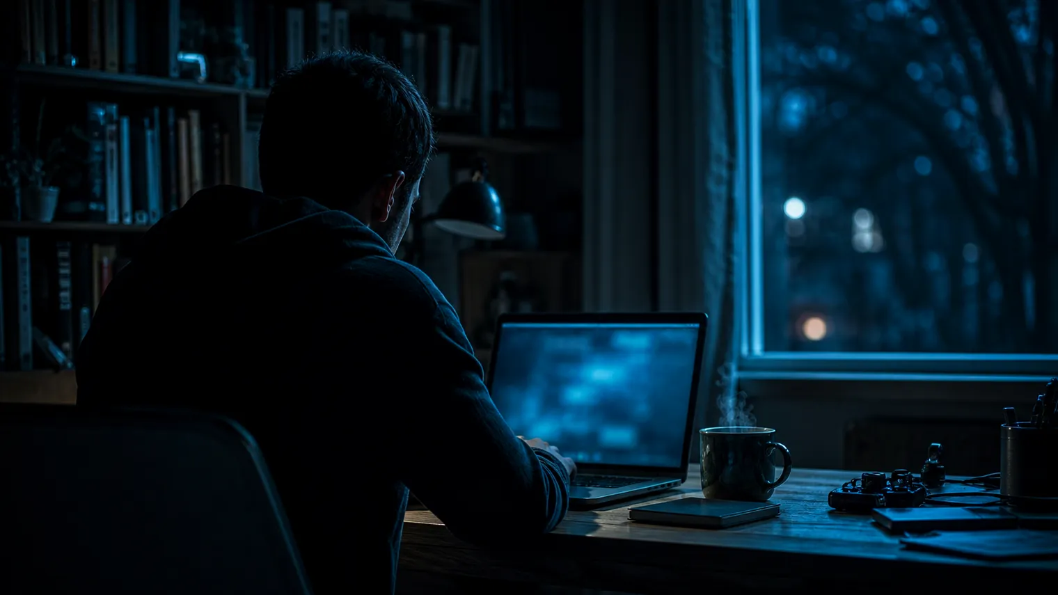 A user engaging with onion search engines on their laptop in a cozy setting.