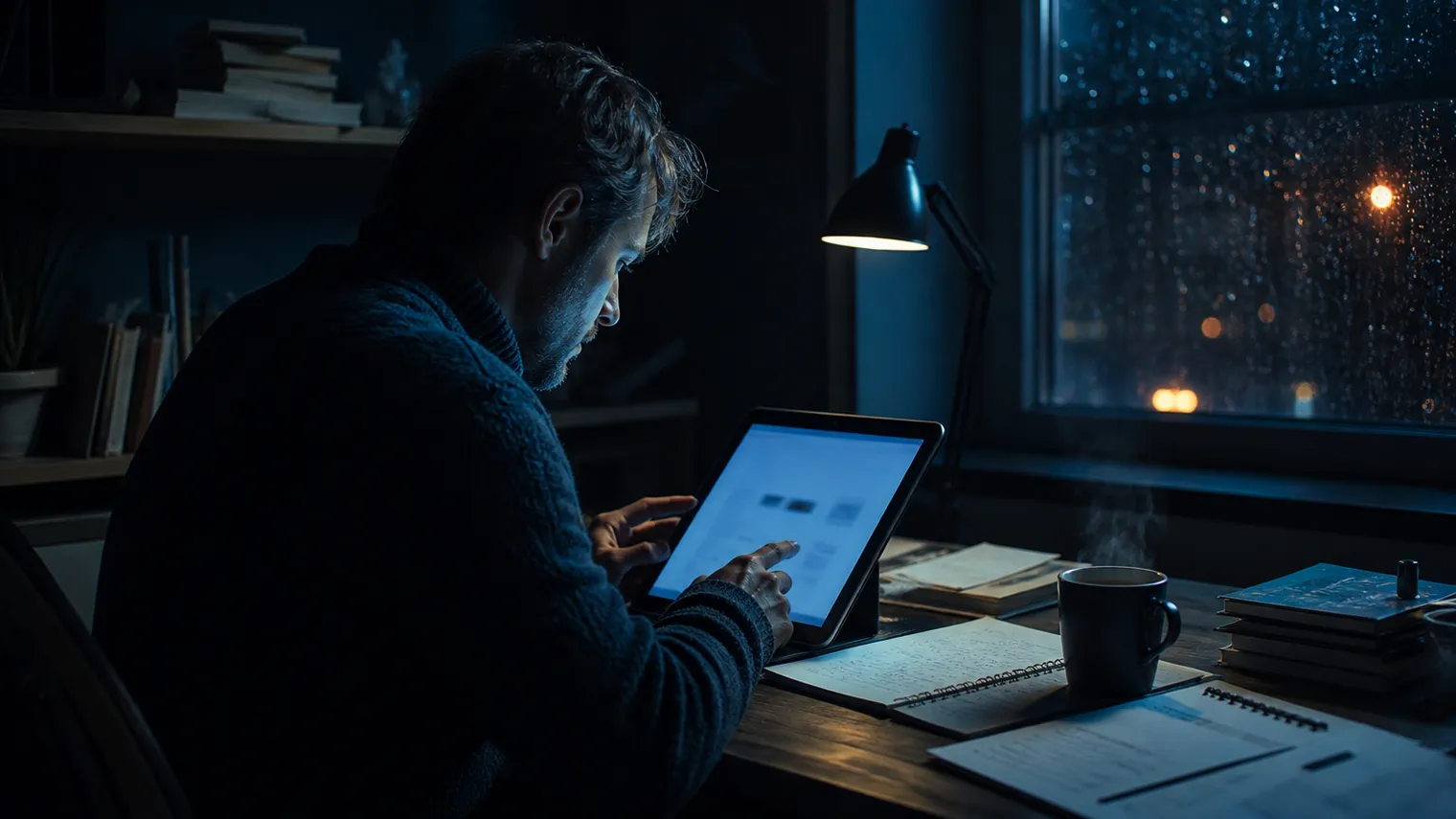 A researcher is exploring the dark web using an onion search engine on a tablet.