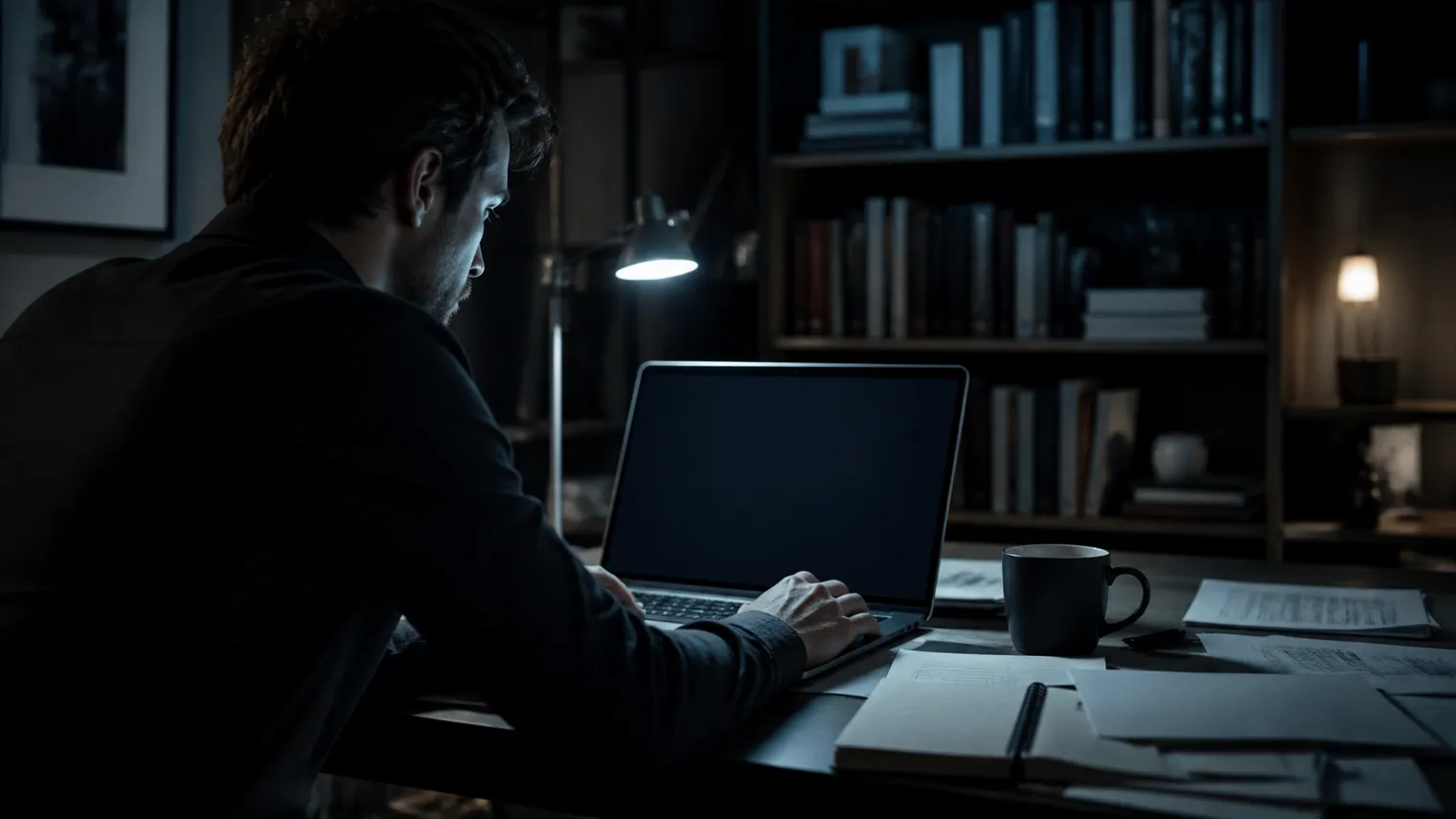 A researcher deeply engaged in analyzing search results from a dark web search engine on a laptop.