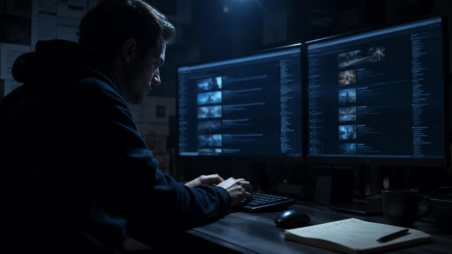 A person engaged in research using the Torch deep web search engine on multiple monitors.