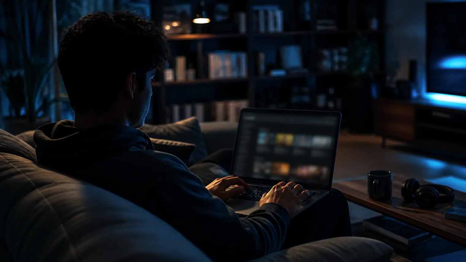 A user in a cozy living room uses a laptop to access the Torch search engine.
