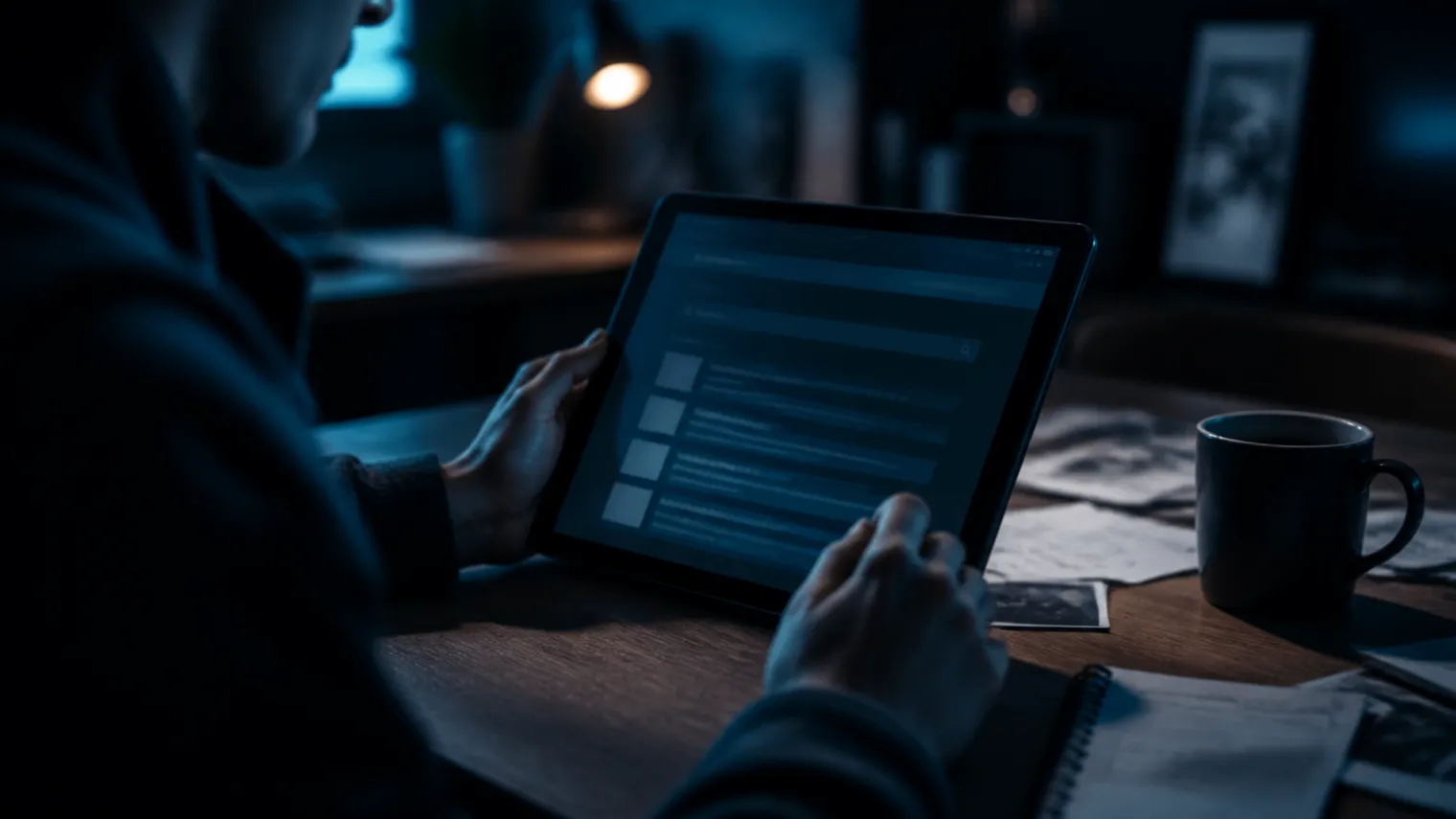 A user navigating the Torch dark web search engine on a tablet in a cozy home office.
