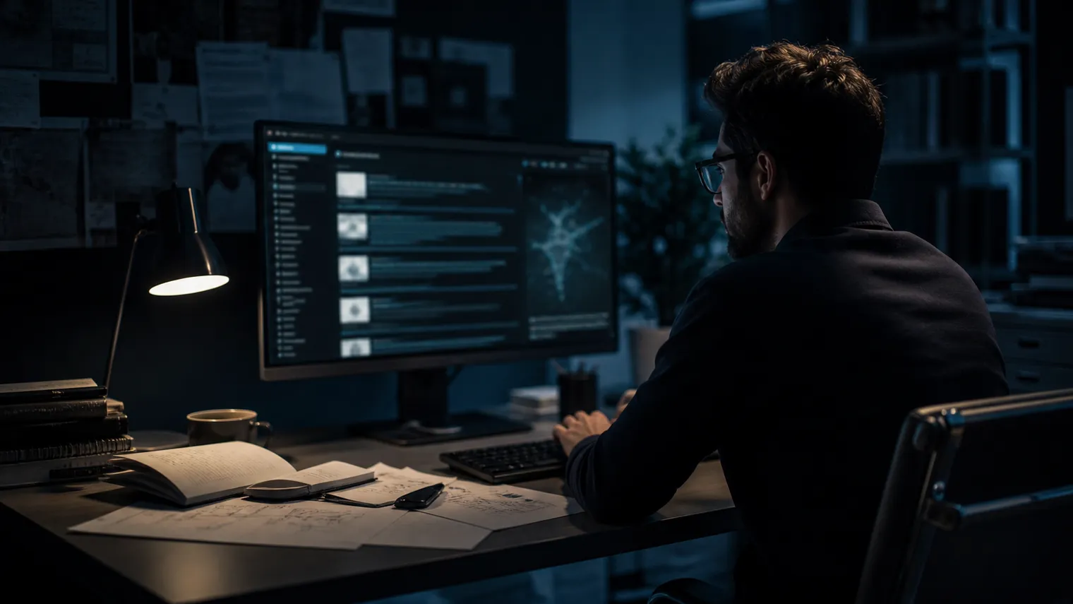 A researcher is deeply engaged in analyzing Torch search results on a large monitor in a dimly lit office.